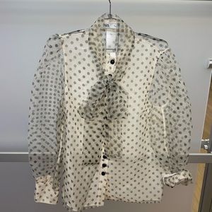 Zara Sheer Eyelet Polka Dot Blouse With Neck Tie